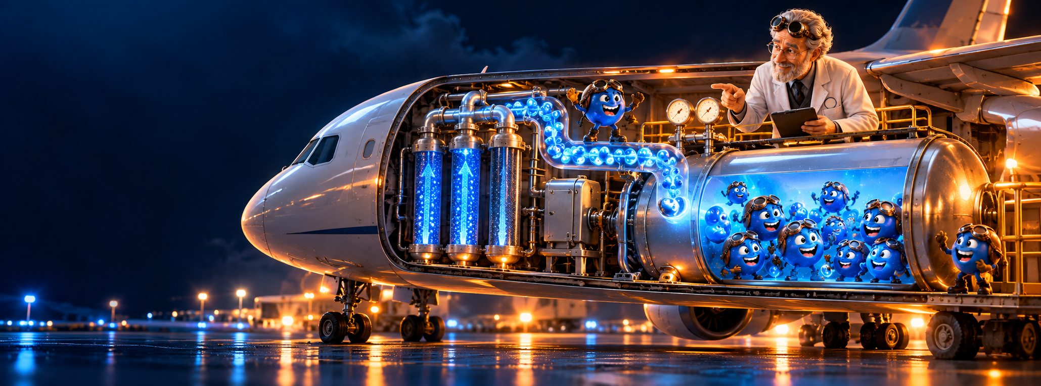 An airliner cutaway shows an air-separation module sending nitrogen-enriched air to a tank while an engineer monitors gauges.