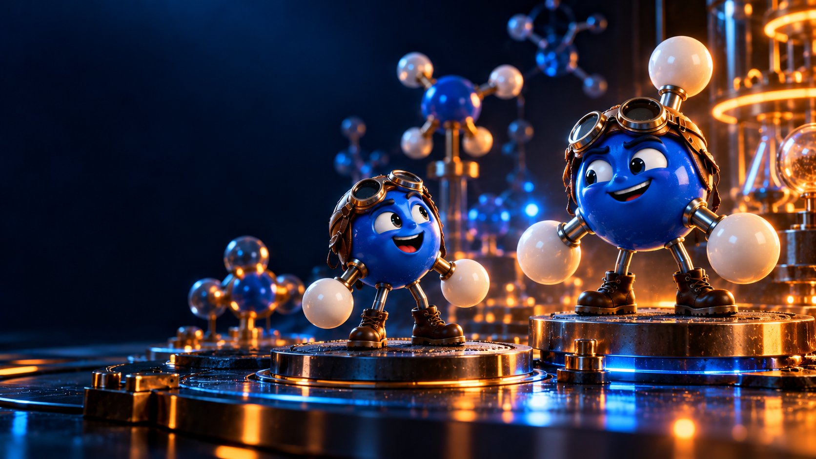 A molecular portrait studio poses NH₃ and NH₄⁺ separately beside labeled structure cards.