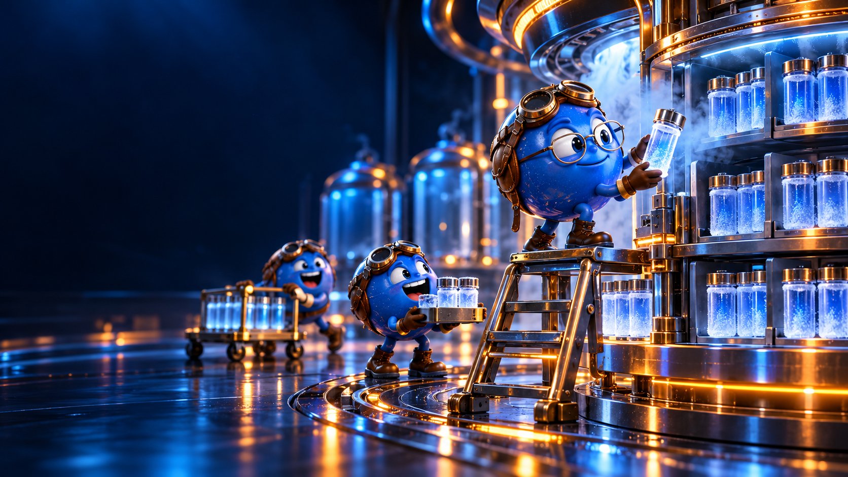 An indexed cryogenic vessel acts as a library while an N₂ mascot in glasses shelves sample vials.