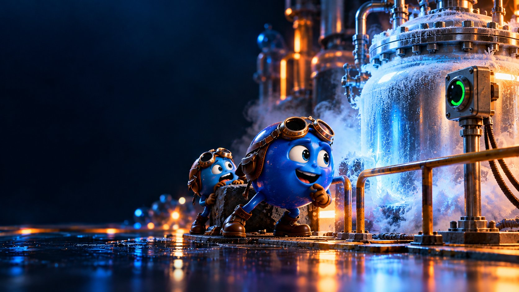A shielded cryogenic vessel gives off mist as N₂ watches a room oxygen sensor.