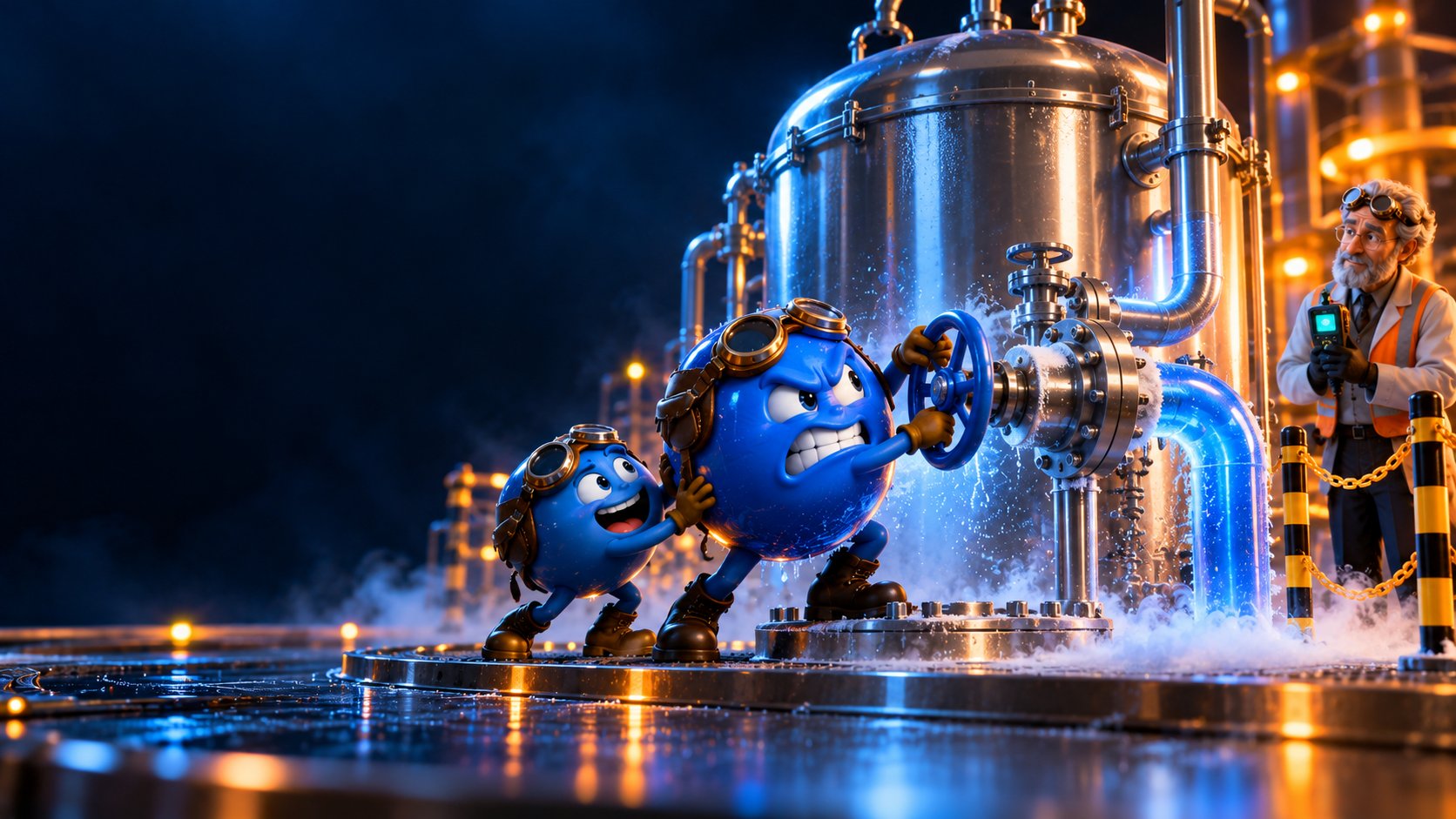 A nitrogen line feeds a locked industrial tank as a safety officer checks an oxygen monitor.