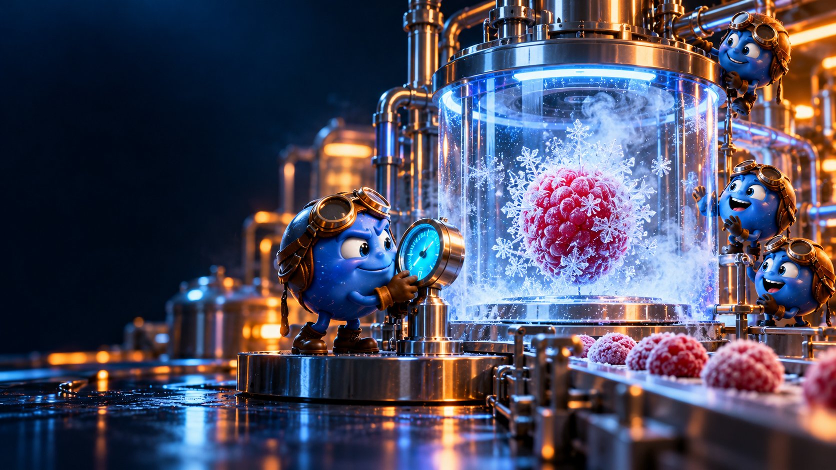 A food factory freezes a berry behind a safety shield while tiny ice crystals form and N₂ checks the temperature.