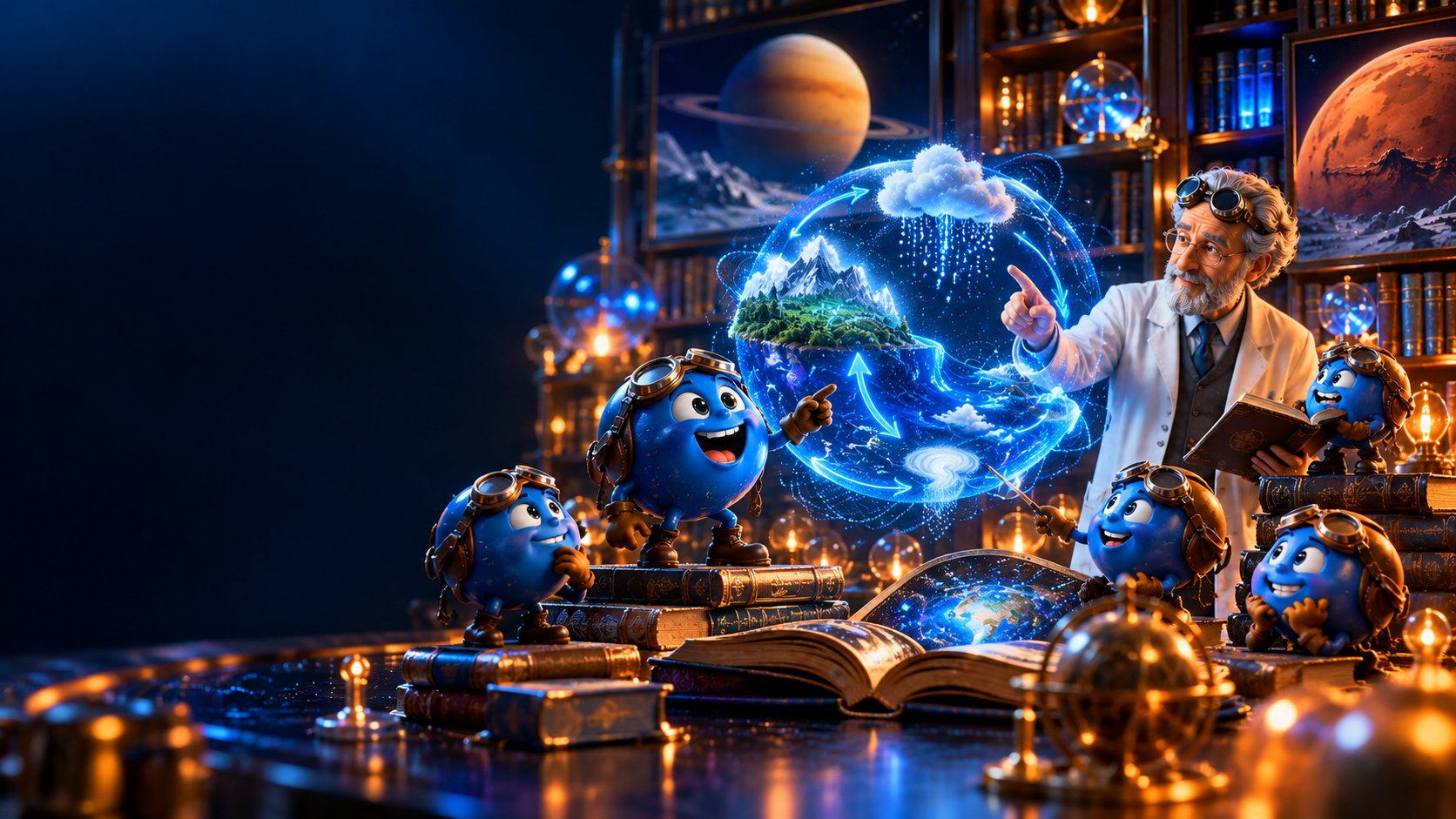 A photorealistic comic science library sorts books, a USGS cycle animation screen, and NASA planet postcards.