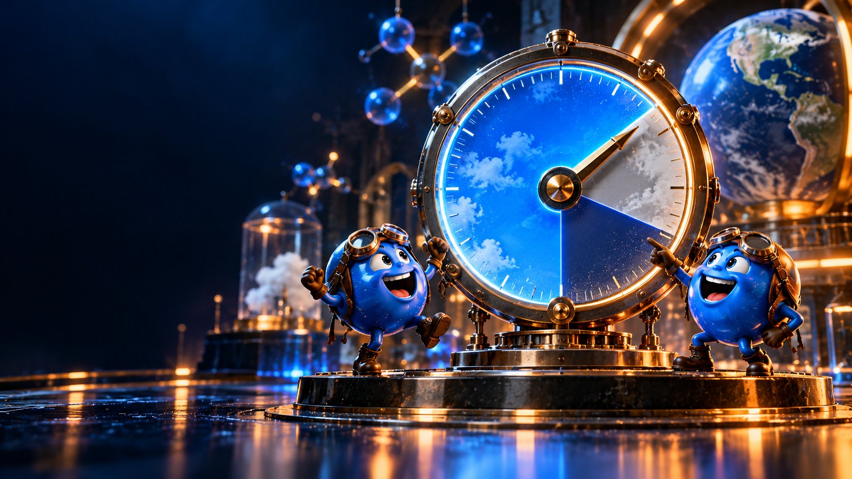 A giant 78% air gauge in a photorealistic science museum, flanked by two blue N₂ mascots in aviator goggles.