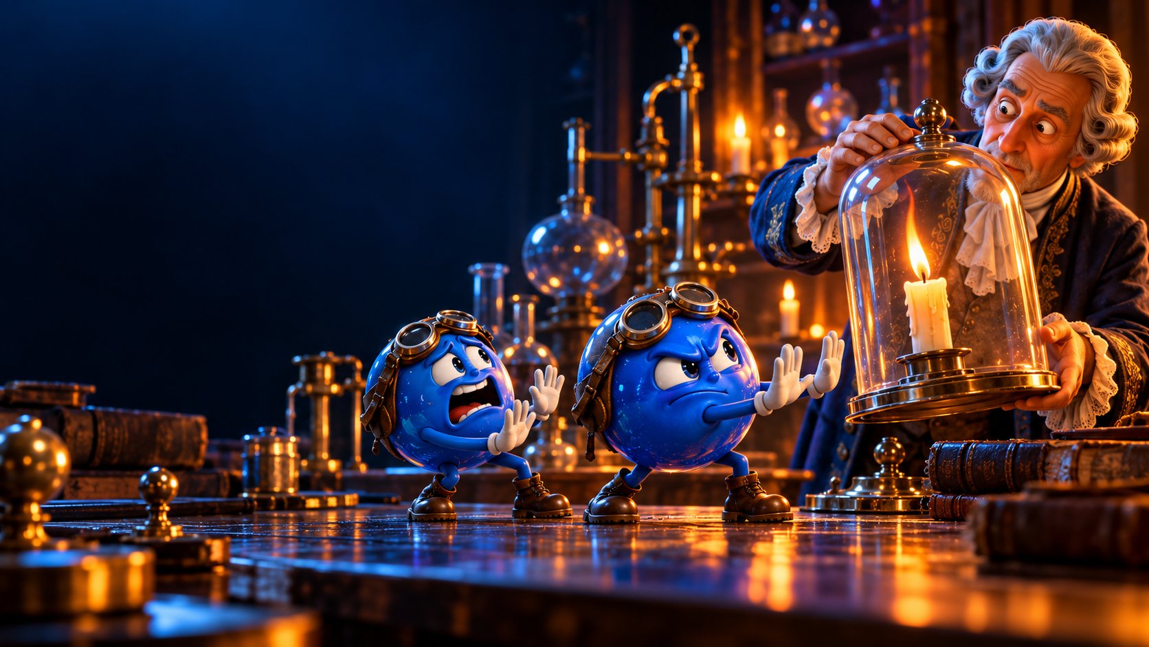 An eighteenth-century laboratory where Rutherford studies a glass vessel and an N₂ duo refuses to support a candle.