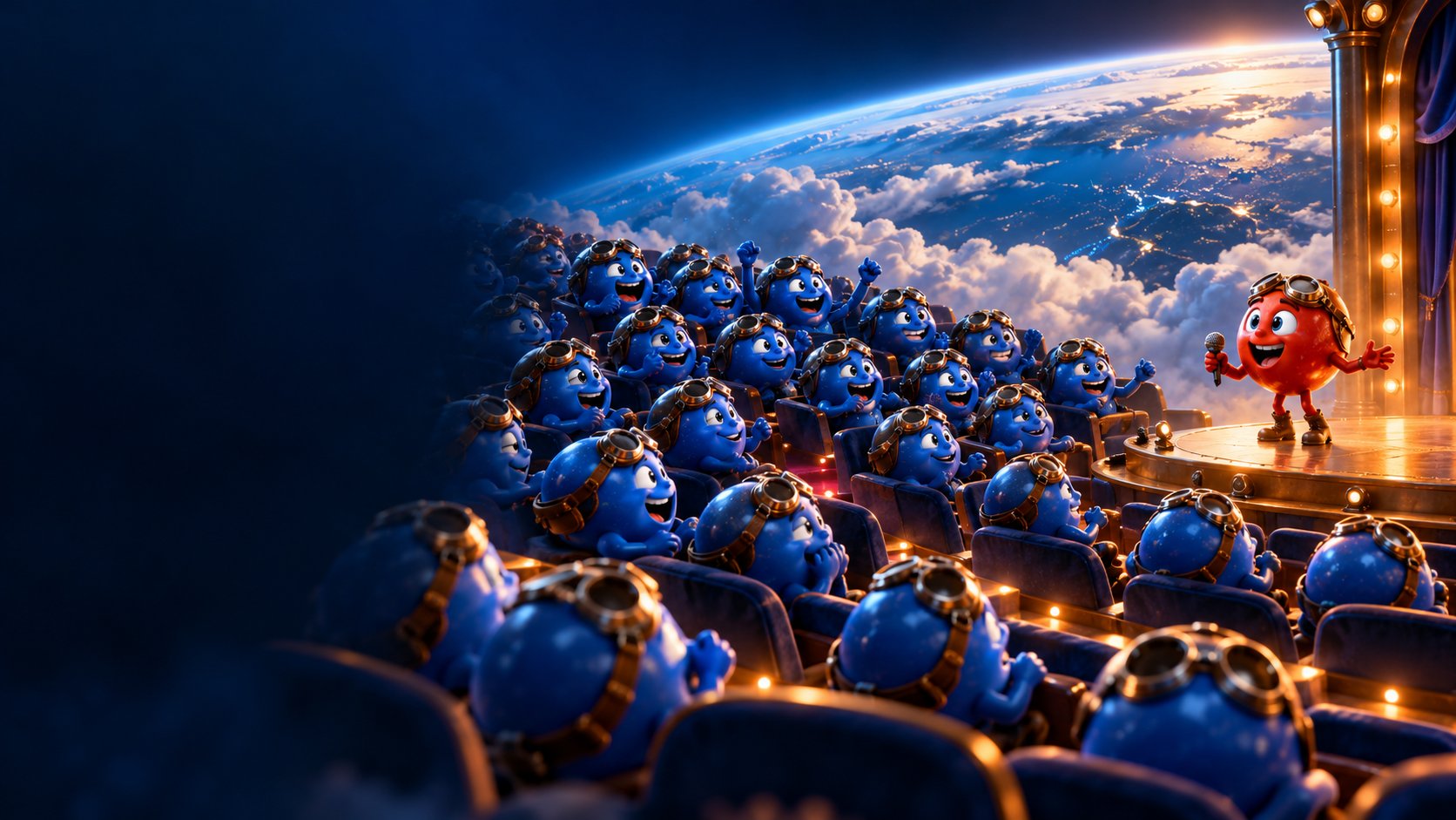 The sky as a comic theater with N₂ filling 78% of seats and O₂ holding a tiny microphone.