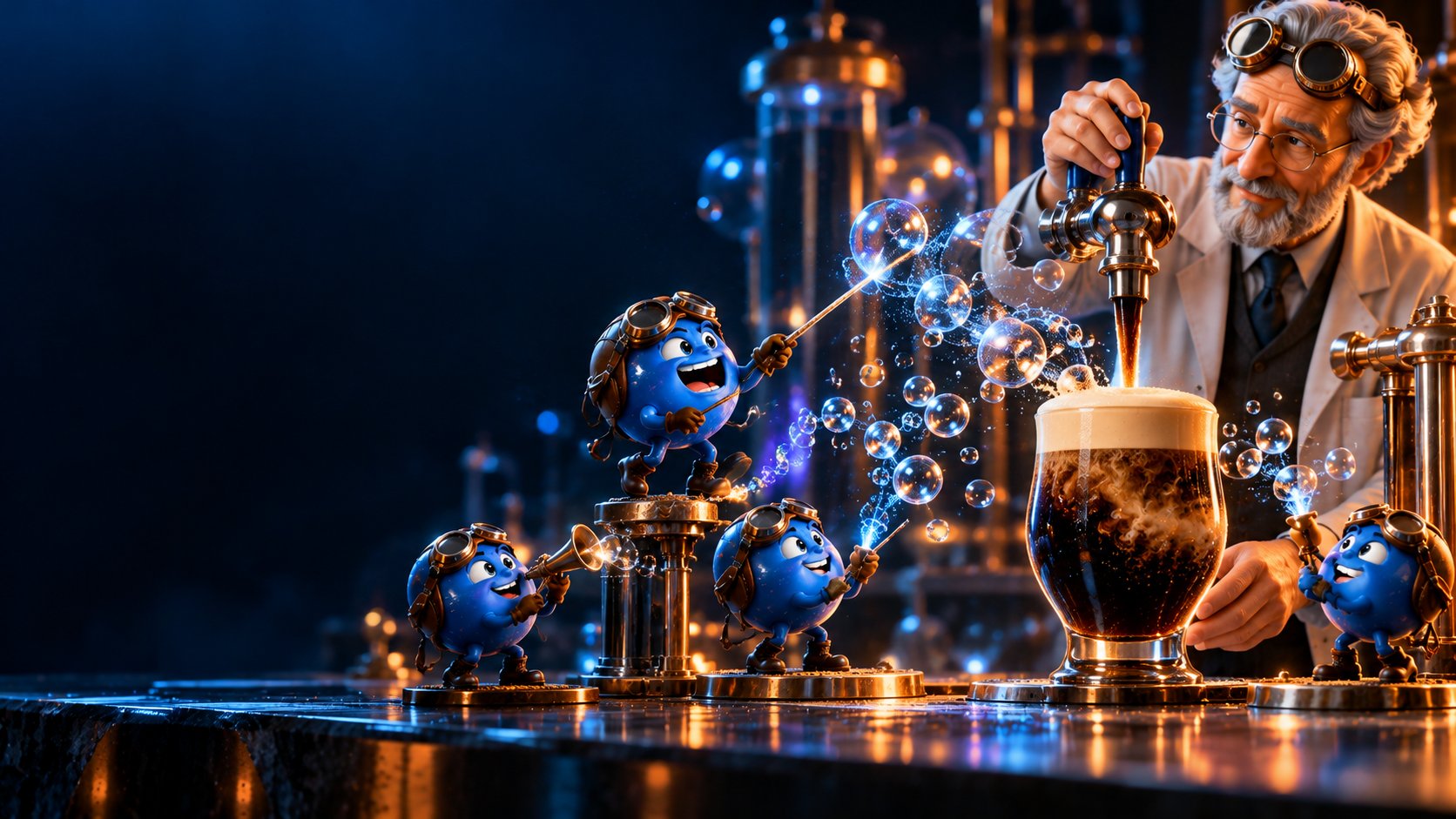 A bartender pours a nitro drink as two N₂ bubbles conduct the foam like a tiny orchestra.