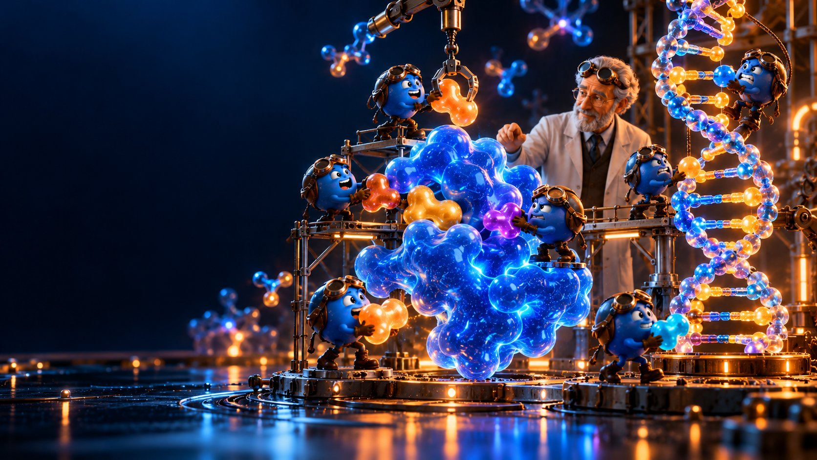 A cell workshop assembles amino acids, a protein, and paired DNA bases into labeled structures.
