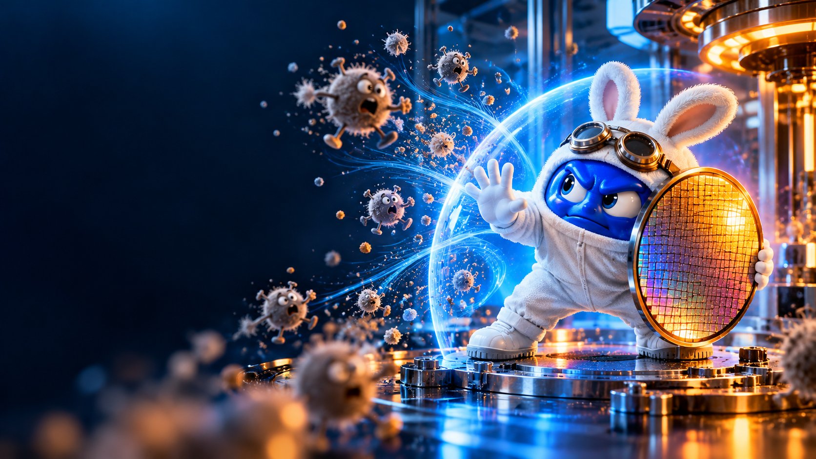 An N₂ mascot in a cleanroom suit guards a silicon wafer from cartoon dust particles.