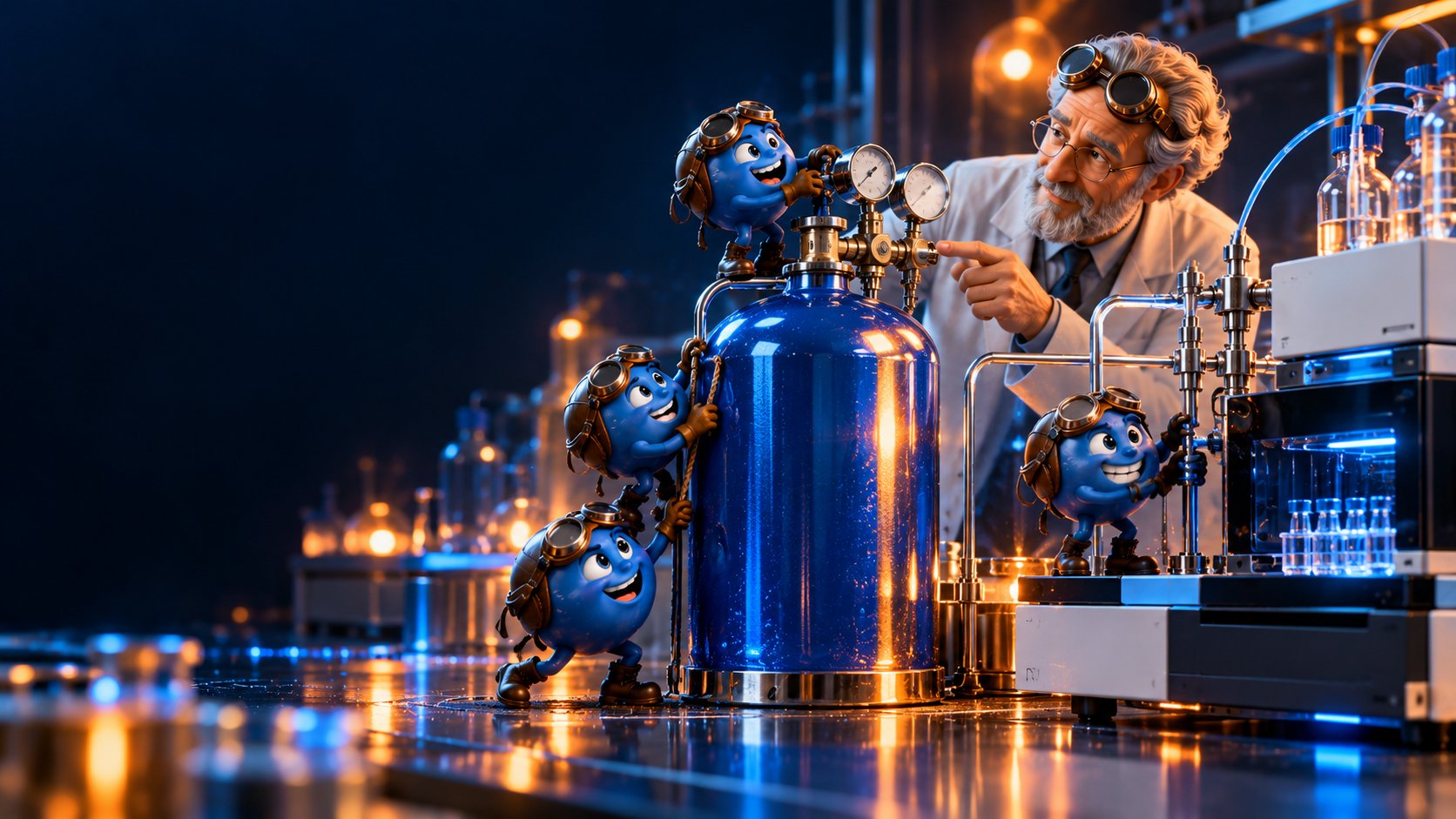 A nitrogen cylinder wears an identity badge while a chemist checks a chromatograph and regulator.