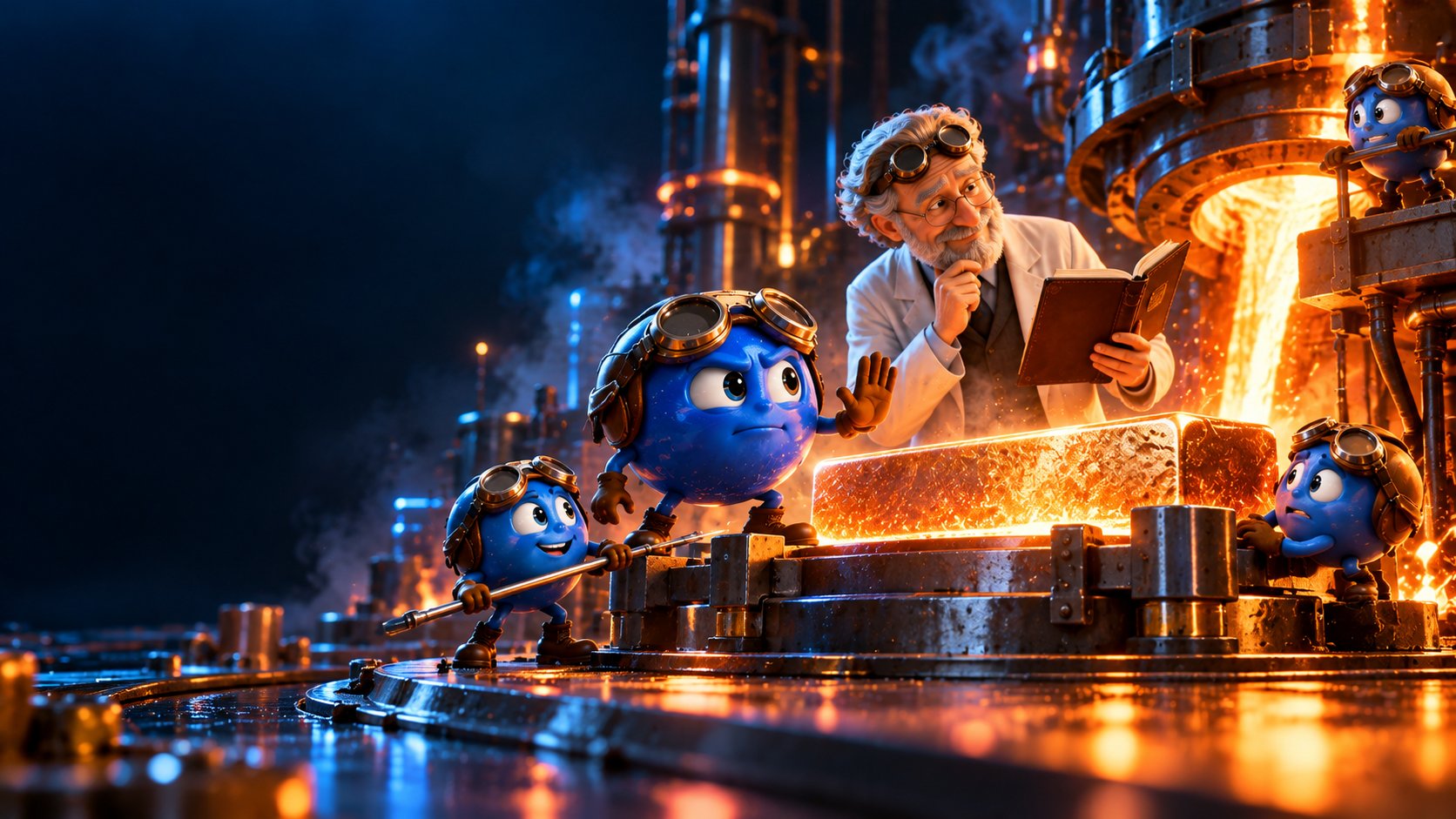 A steel furnace guarded by N₂ as a metallurgist checks a glowing alloy's passport.