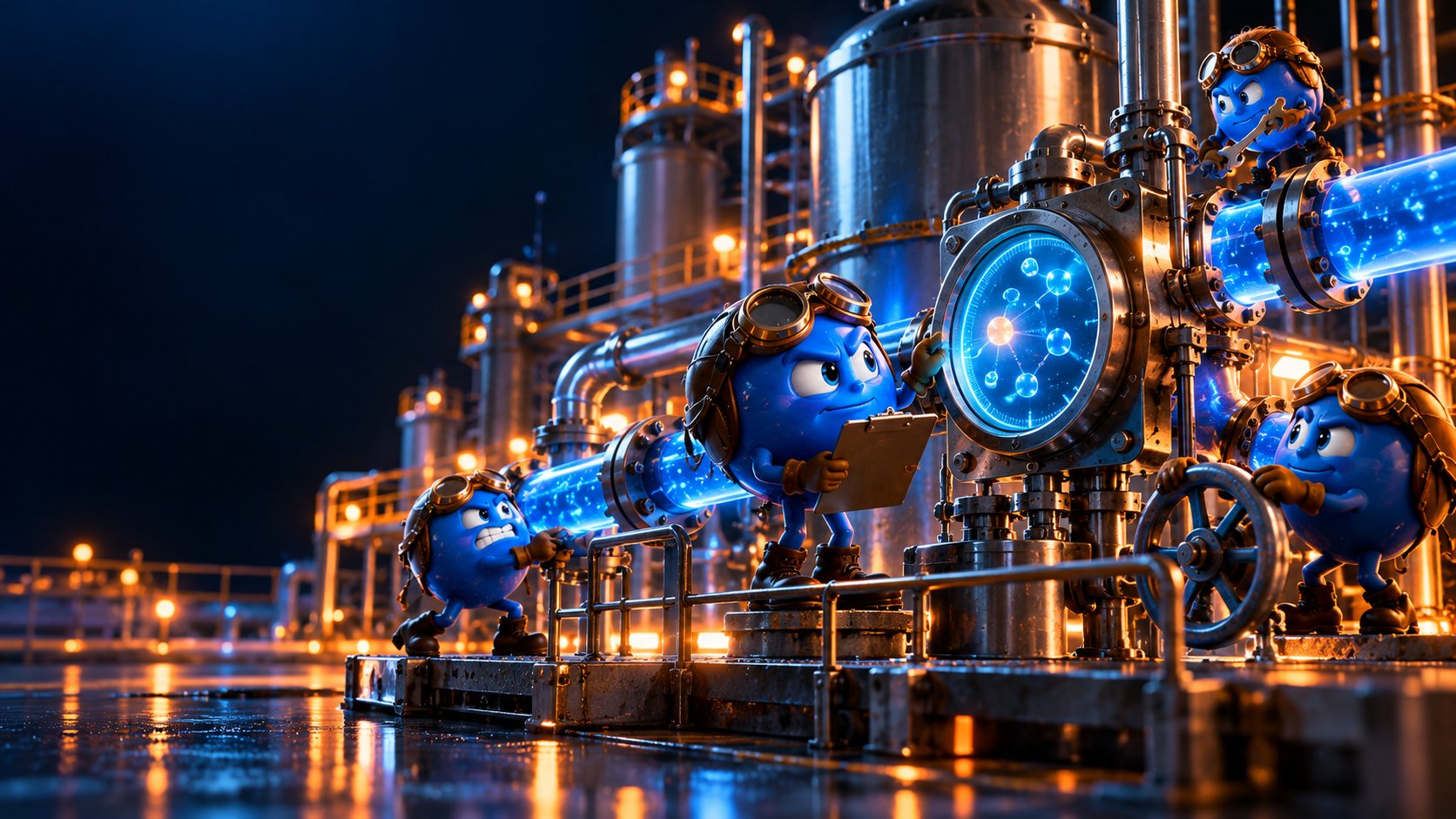 A comic energy facility with nitrogen pipelines and a giant oxygen monitor checked by an N₂ inspector.