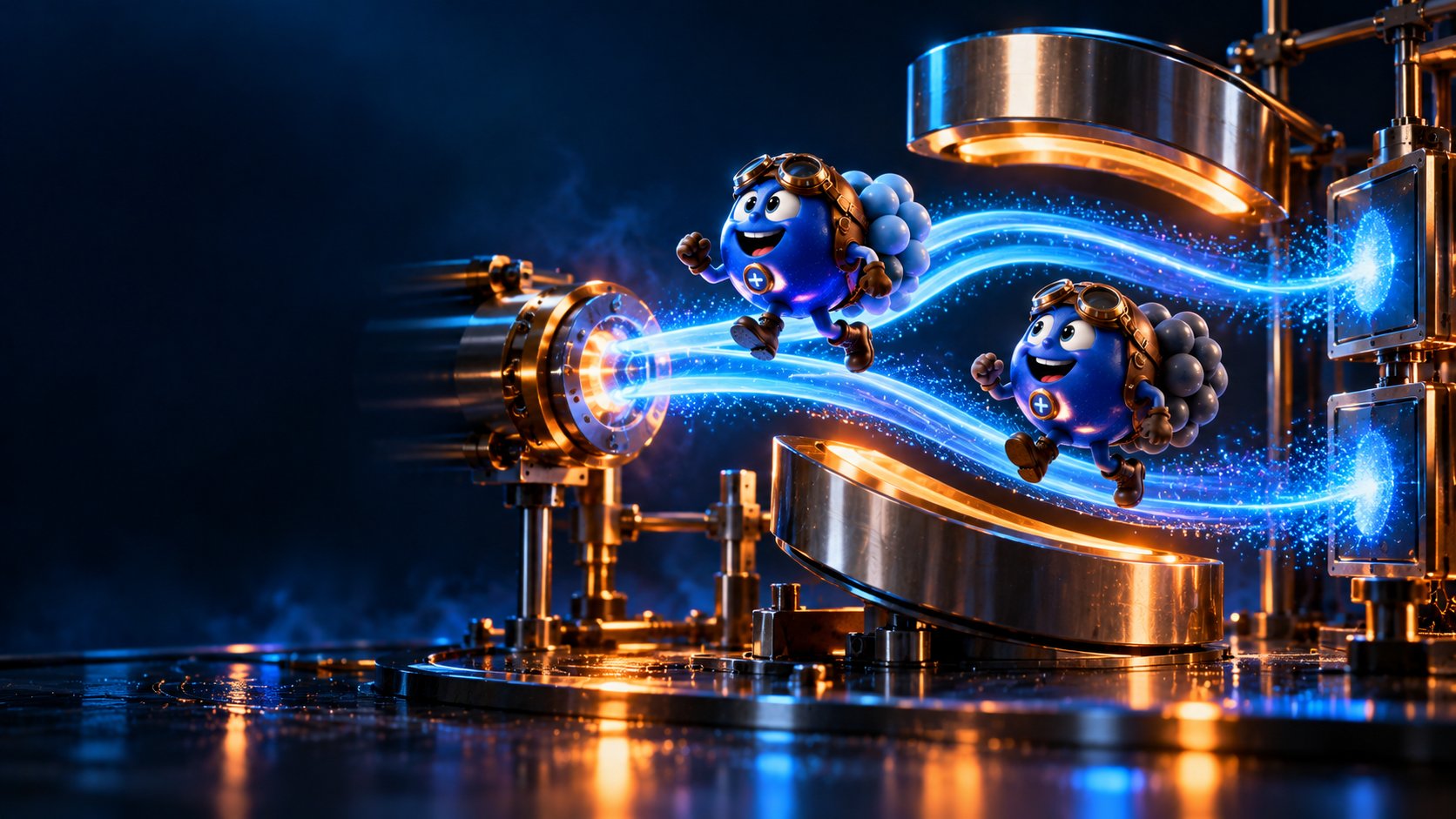 Two nitrogen atoms with matching proton badges but different neutron backpacks pass through a comic mass spectrometer.