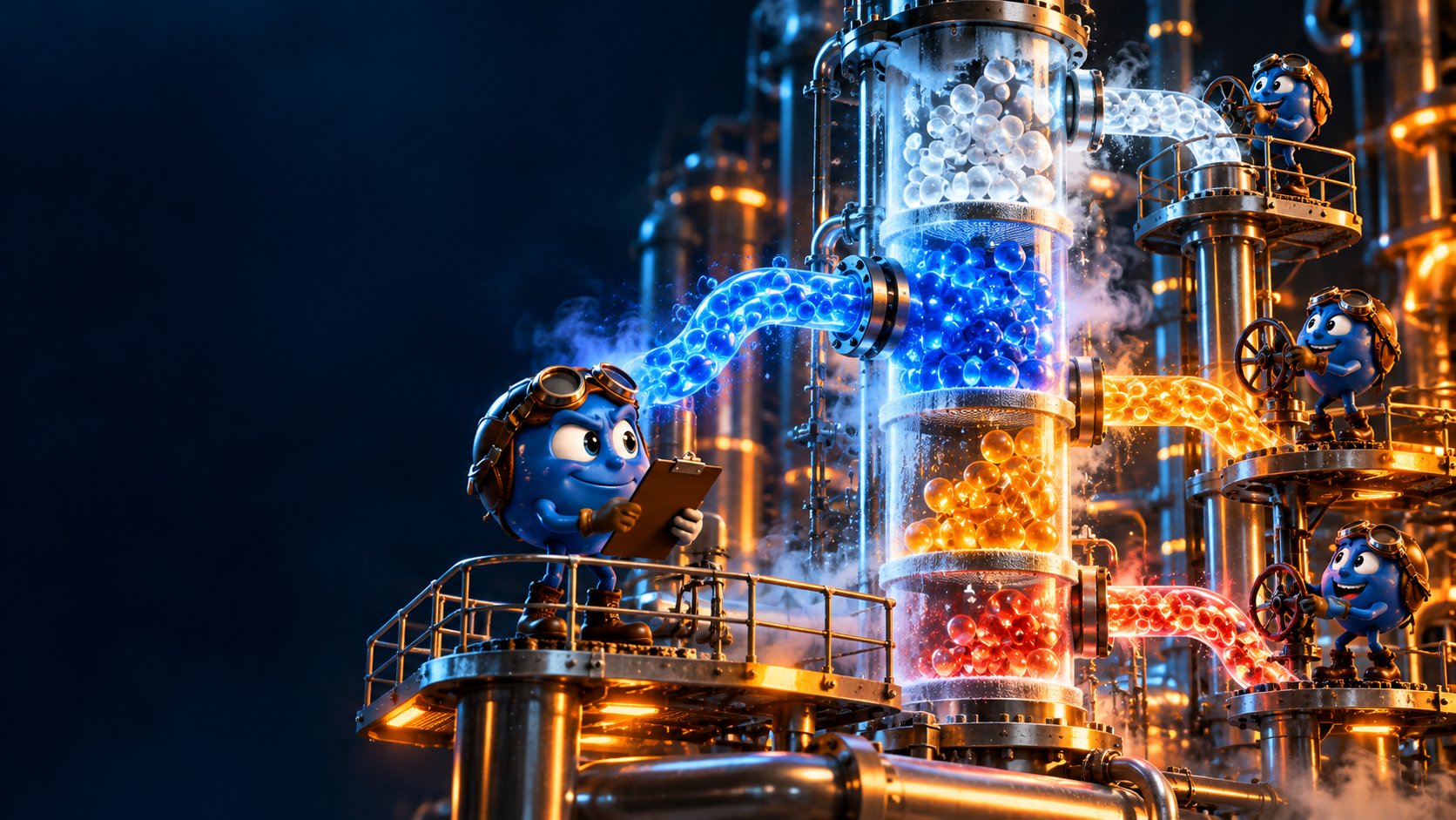 An industrial tower sorts colored air molecules into labeled queues while an N₂ mascot checks a purity clipboard.
