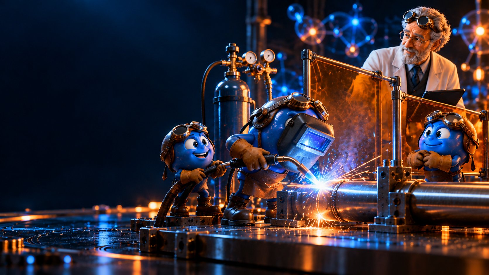 A welding station with an N₂ shield and safety monitor watched by a trained comic inspector.