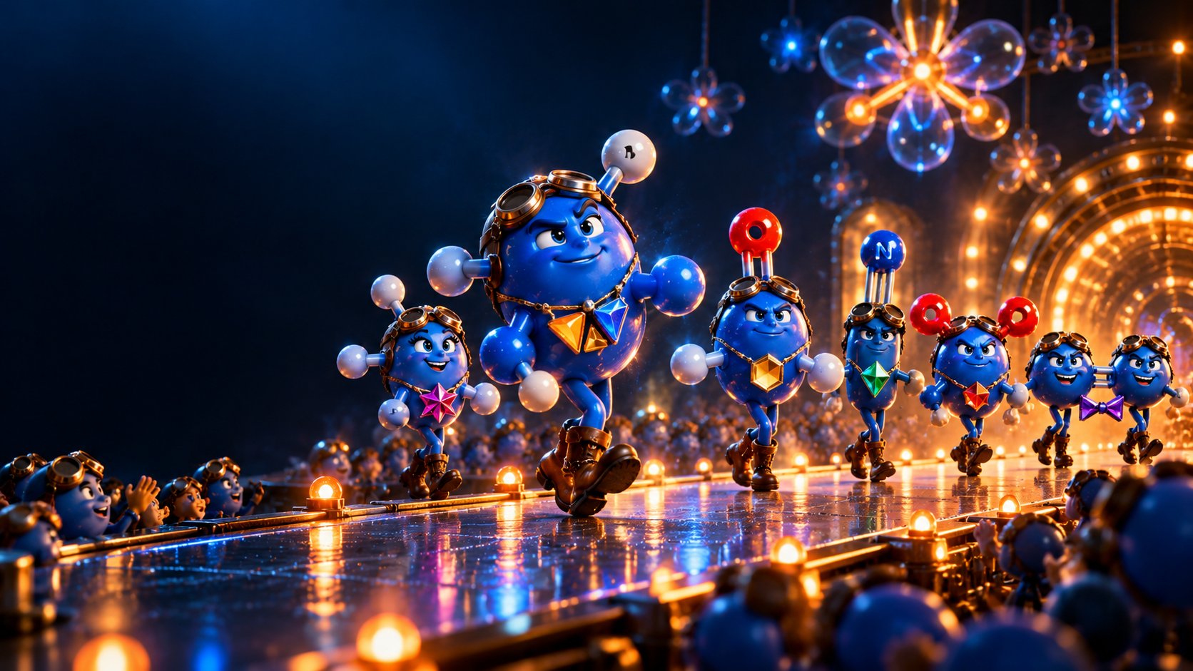 A photorealistic molecule fashion show models amine, amide, nitrile, nitro, and azo badges.